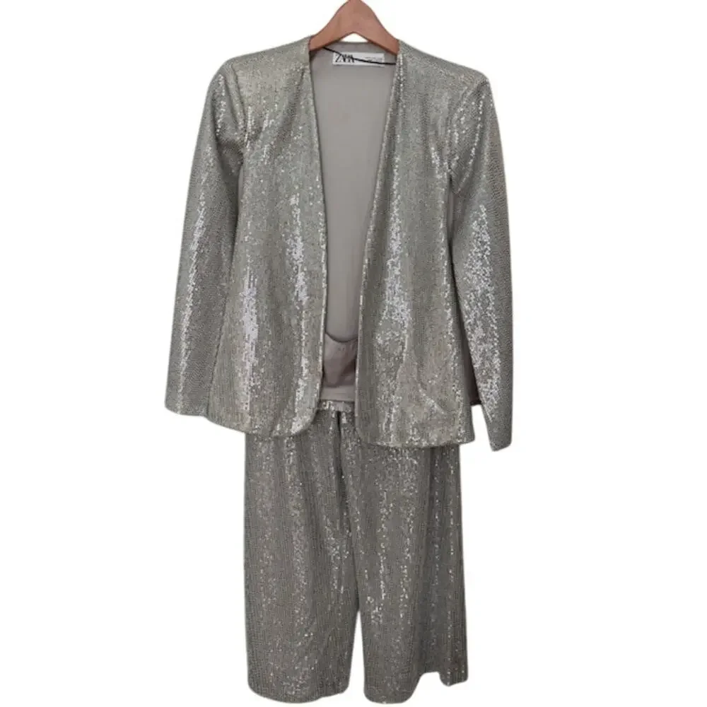 Zara Silver Sequin Cape & High-Rise Culottes Cropped Pants Set NWT- Size S - Picture 7 of 12